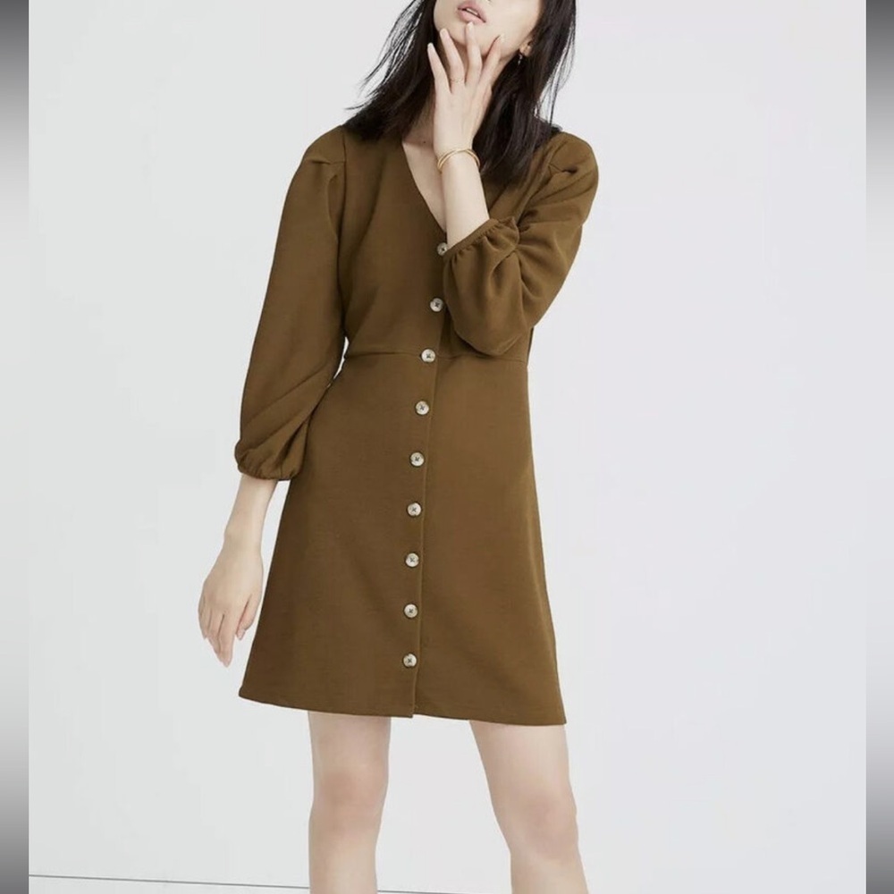 Madewell Texture & Thread Olive Green Button Up Mini Dress. Size Small